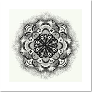 Grunge flower mandala aesthetic black and white abstract art Posters and Art